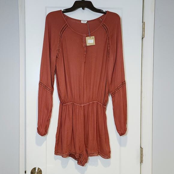 Hello Nite Long Sleeve Romper In Burnt Rust - Picture 1 of 6